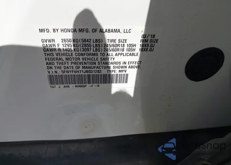 2018 Honda Pilot Ex-L из США, поврежденный, VIN 5FNYF6H71JB031282